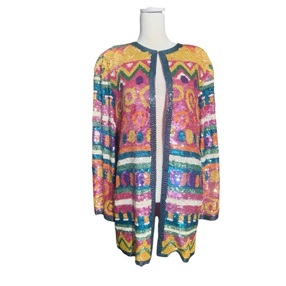 Vtg oleg cassini Sparkly Pastel Beaded Sequin Jacket Embellished Blazer Sz L - Picture 1 of 16